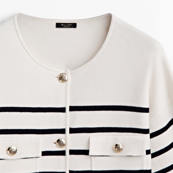 NWT. Massimo Dutti Pale Ecru/Black Striped Knit Cardigan. Size XS. - Picture 6 of 12
